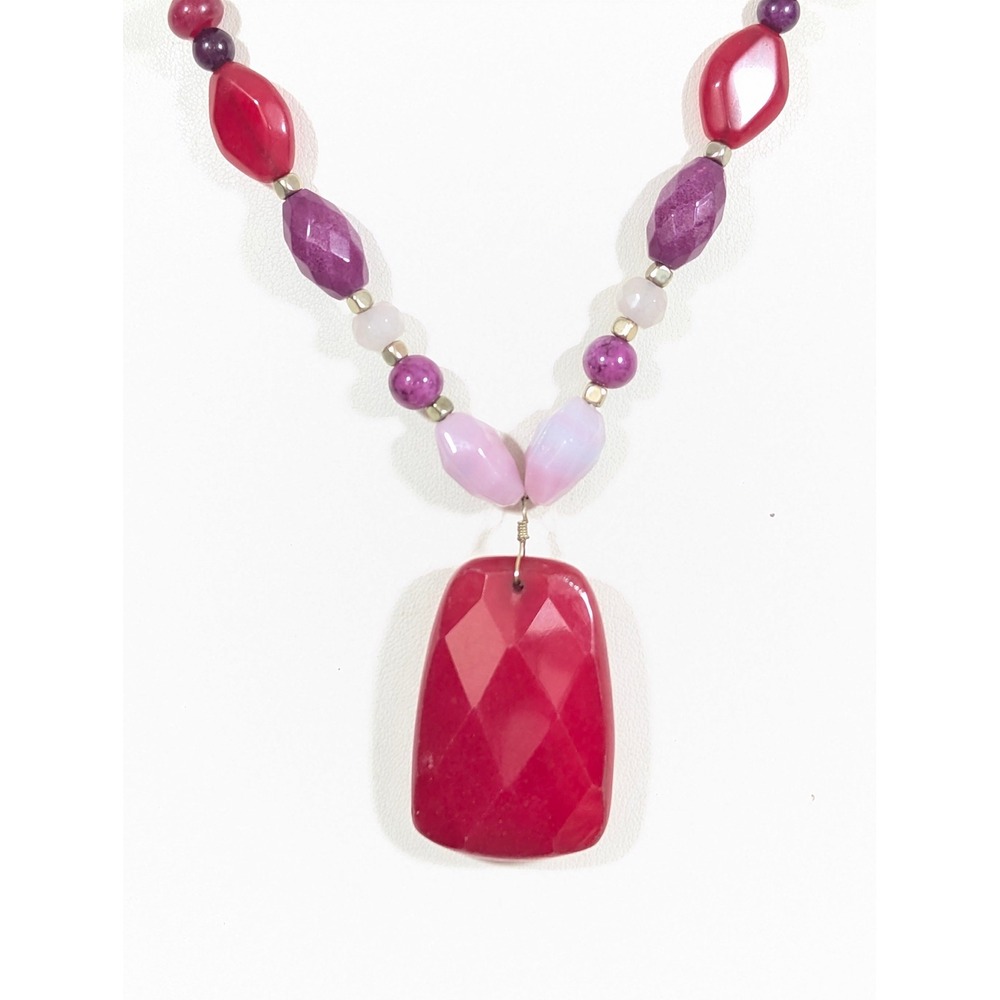 Hot Pink Stone Pendant Necklace Magenta Glass Beads Gold Tone 20"